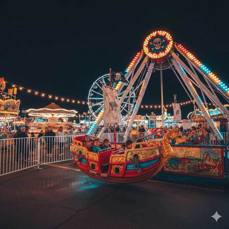 Kiddie-Pirate-Ship Ferris-wheel-at-night-with-amusement-park-rides-illuminated, vibrant-lighted-carnival-at-night-fairground, A lively amusement park at night featuring a brightly lit Ferris wheel and carousel with children enjoying the rides. relevance.