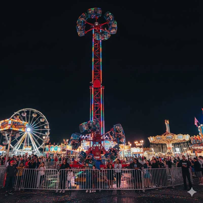 High-energy amusement park ride illuminated with vibrant, colorful lights at night.